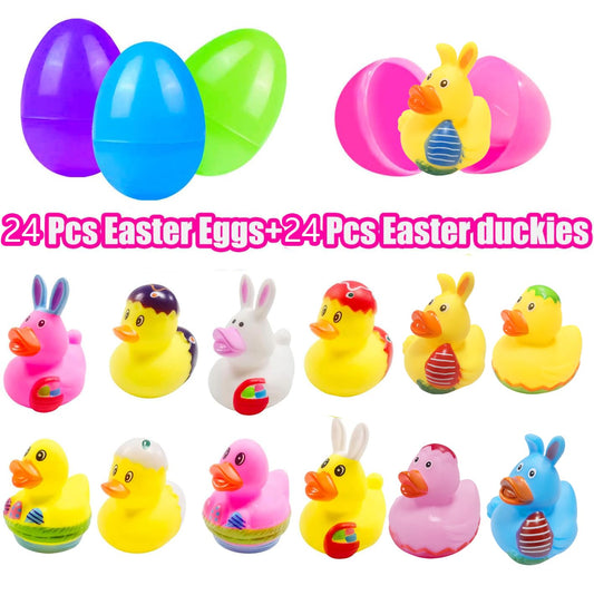 Cherislpy 24 Pcs Prefilled Easter Eggs with Bunny Duckies – Bright Colorful Bath Toys & Party Favors