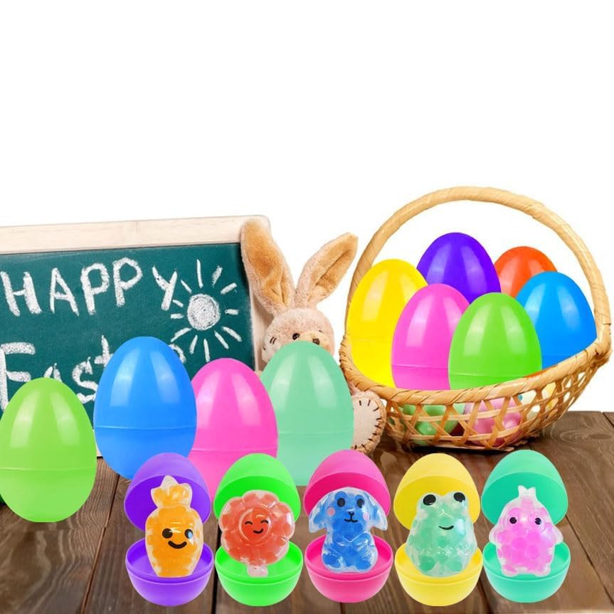 Cherislpy 32 Pack Prefilled Easter Eggs with Squishy Toys Inside Bright Colorful Filled Squeeze Toys Great for Easter Basket Stuffers Egg Fillers Party Favors