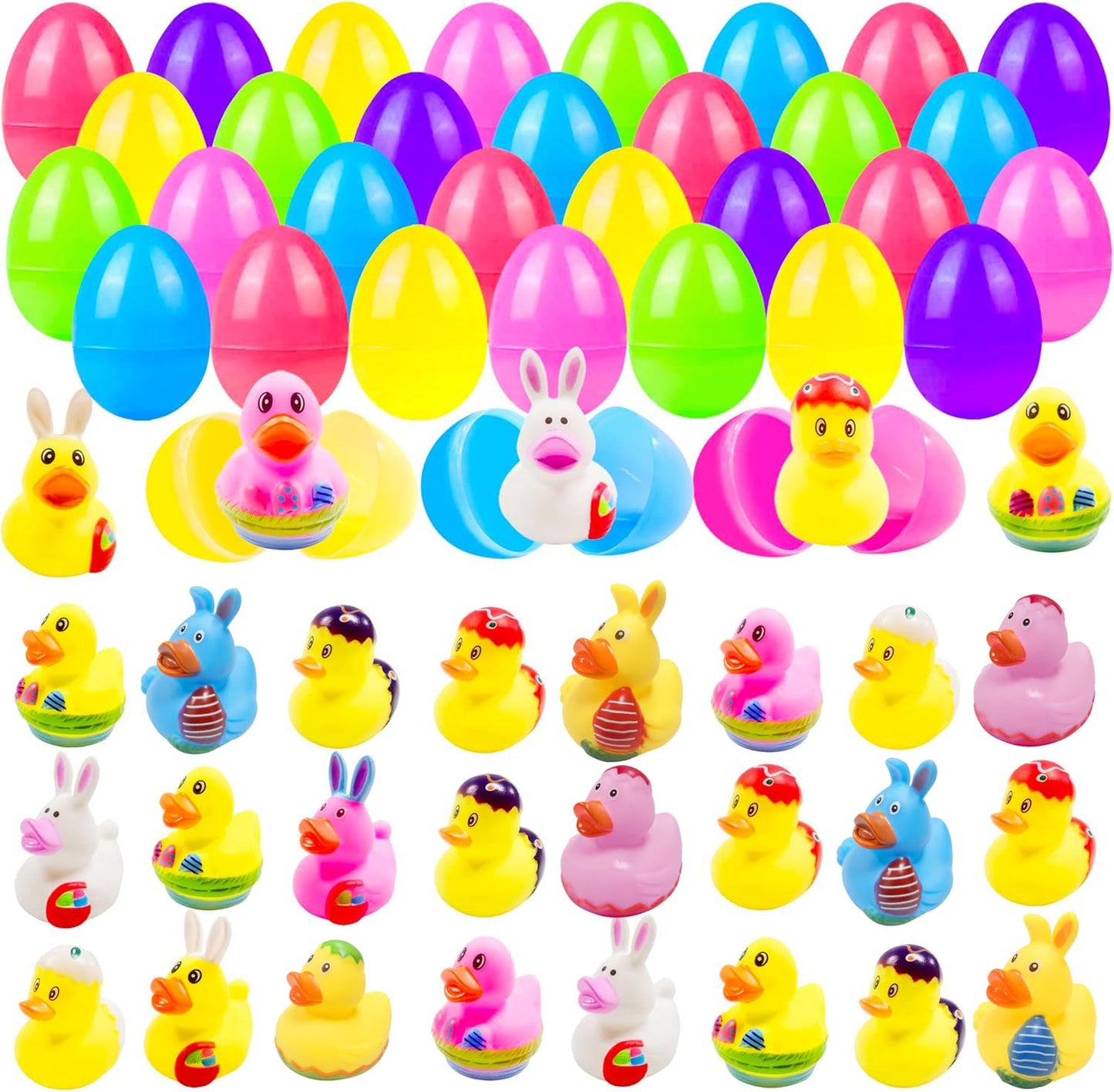 Cherislpy 24 Pcs Prefilled Easter Eggs with Bunny Duckies – Bright Colorful Bath Toys & Party Favors