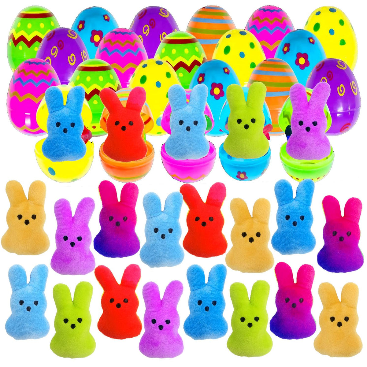 Cherislpy 24 Pcs PreFilled Easter Eggs with Plush Bunny Toys – Safe, Washable Easter Basket Stuffers