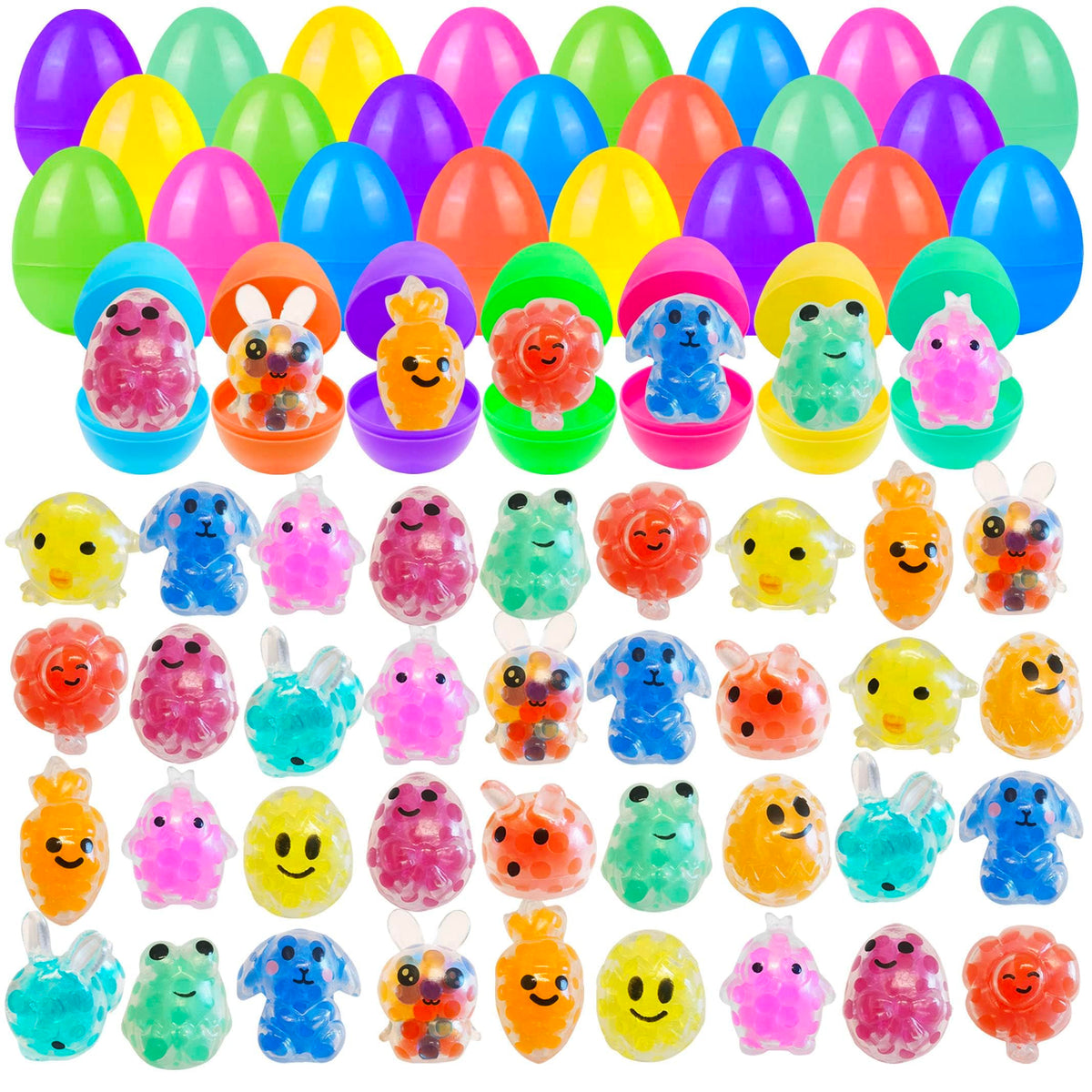 Cherislpy 32 Pack Prefilled Easter Eggs with Squishy Toys Inside Bright Colorful Filled Squeeze Toys Great for Easter Basket Stuffers Egg Fillers Party Favors