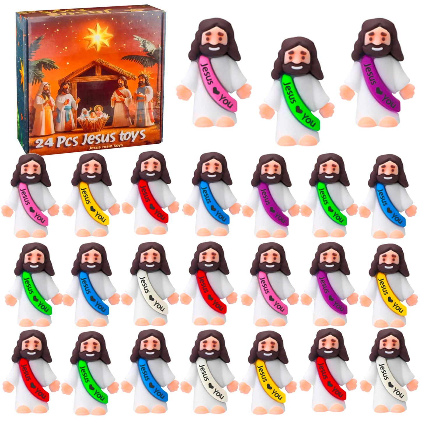 Cherislpy 24 Pcs Jesus Toys – Mini Rubber Jesus Figurines for Hide & Seek, Sunday School, Baptism & Party Favors