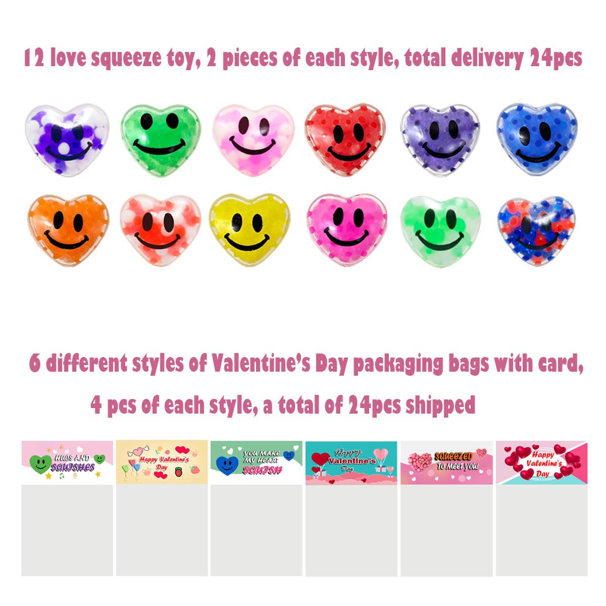 Cherislpy 24 Pack Valentines Day Squeeze Balls & Cards — Heart Shaped Stress Toys for Party Favors
