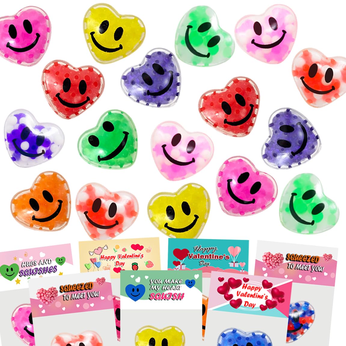 Cherislpy 24 Pack Valentines Day Squeeze Balls & Cards — Heart Shaped Stress Toys for Party Favors