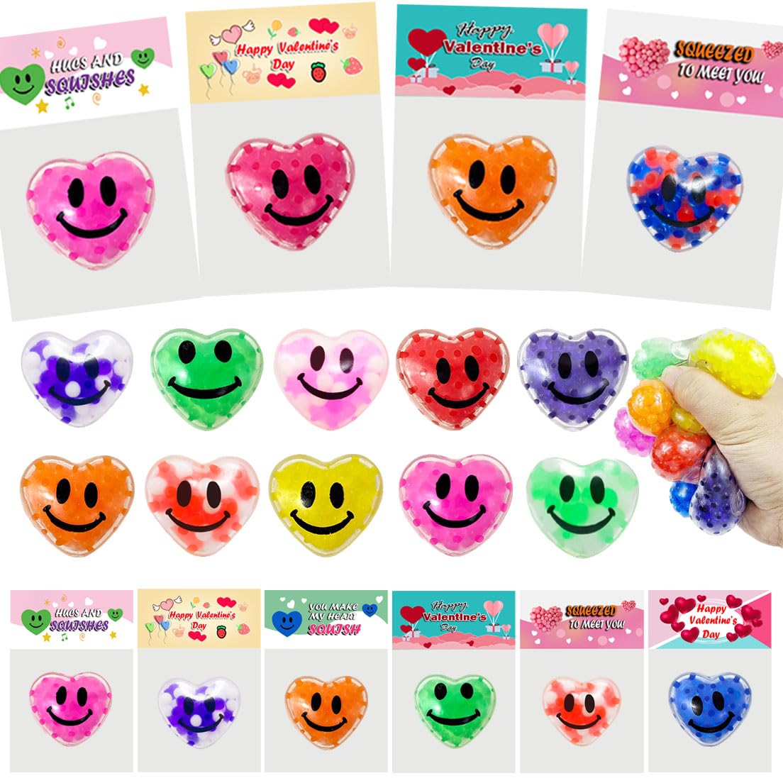Cherislpy 24 Pack Valentines Day Squeeze Balls & Cards — Heart Shaped Stress Toys for Party Favors
