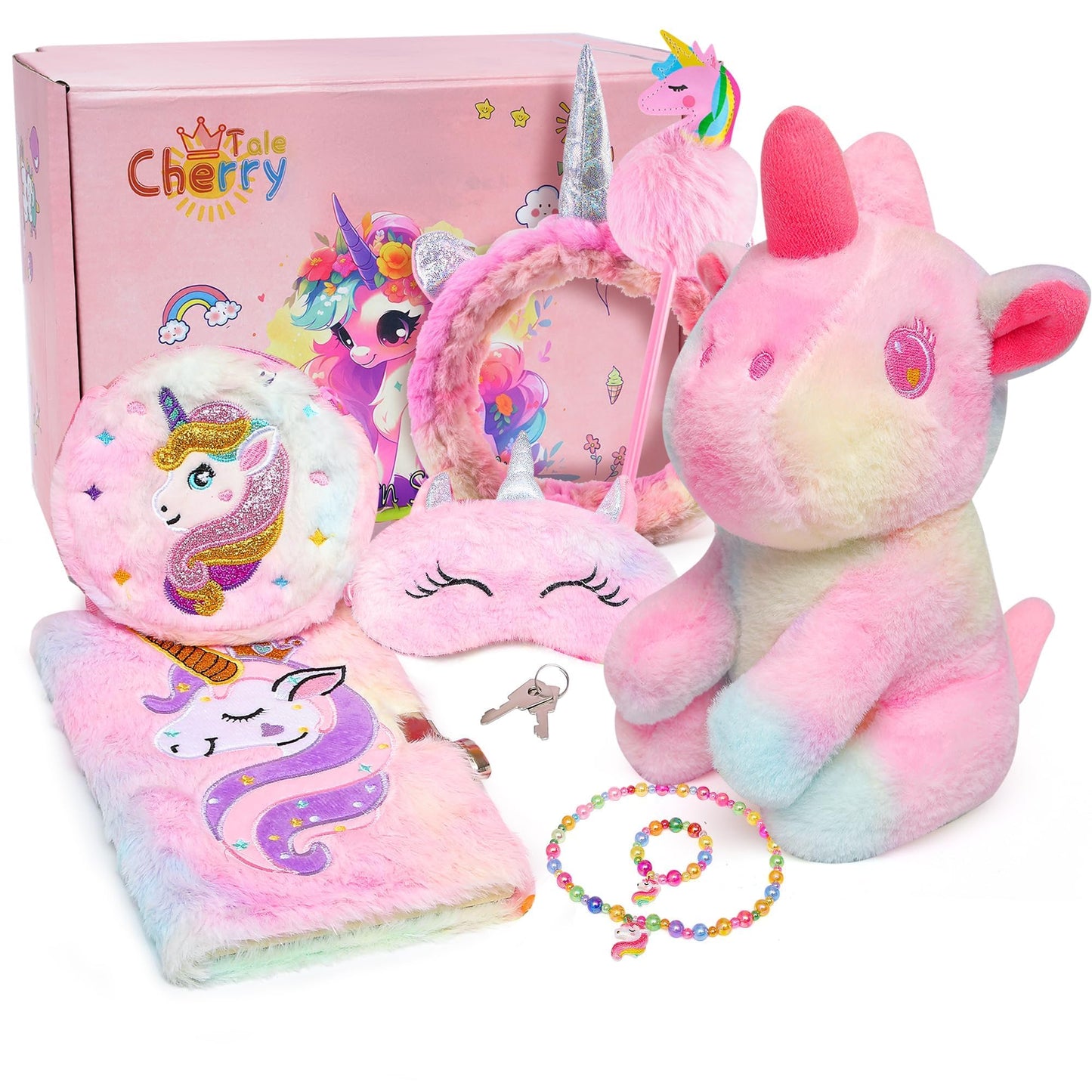 Cherry Tale Unicorn Gifts for Girls 4-10 | Plush Diary with Lock, Headband & Accessories