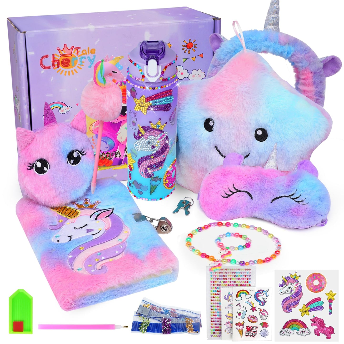 Cherry Tale Unicorn Toys Gift Set for Girls 4-10 | Light-Up Star Pillow, Diary & DIY Water Bottle Kit