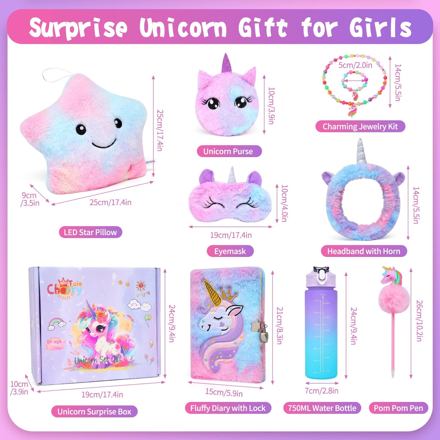 Cherry Tale Unicorn Gifts for Girls (Ages 4–10) – Light-Up Star Pillow & Accessory Set