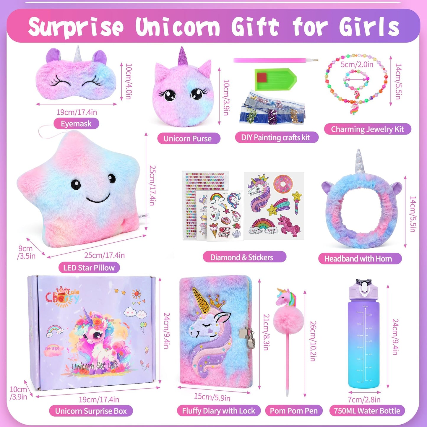 Cherry Tale Unicorn Toys Gift Set for Girls 4-10 | Light-Up Star Pillow, Diary & DIY Water Bottle Kit