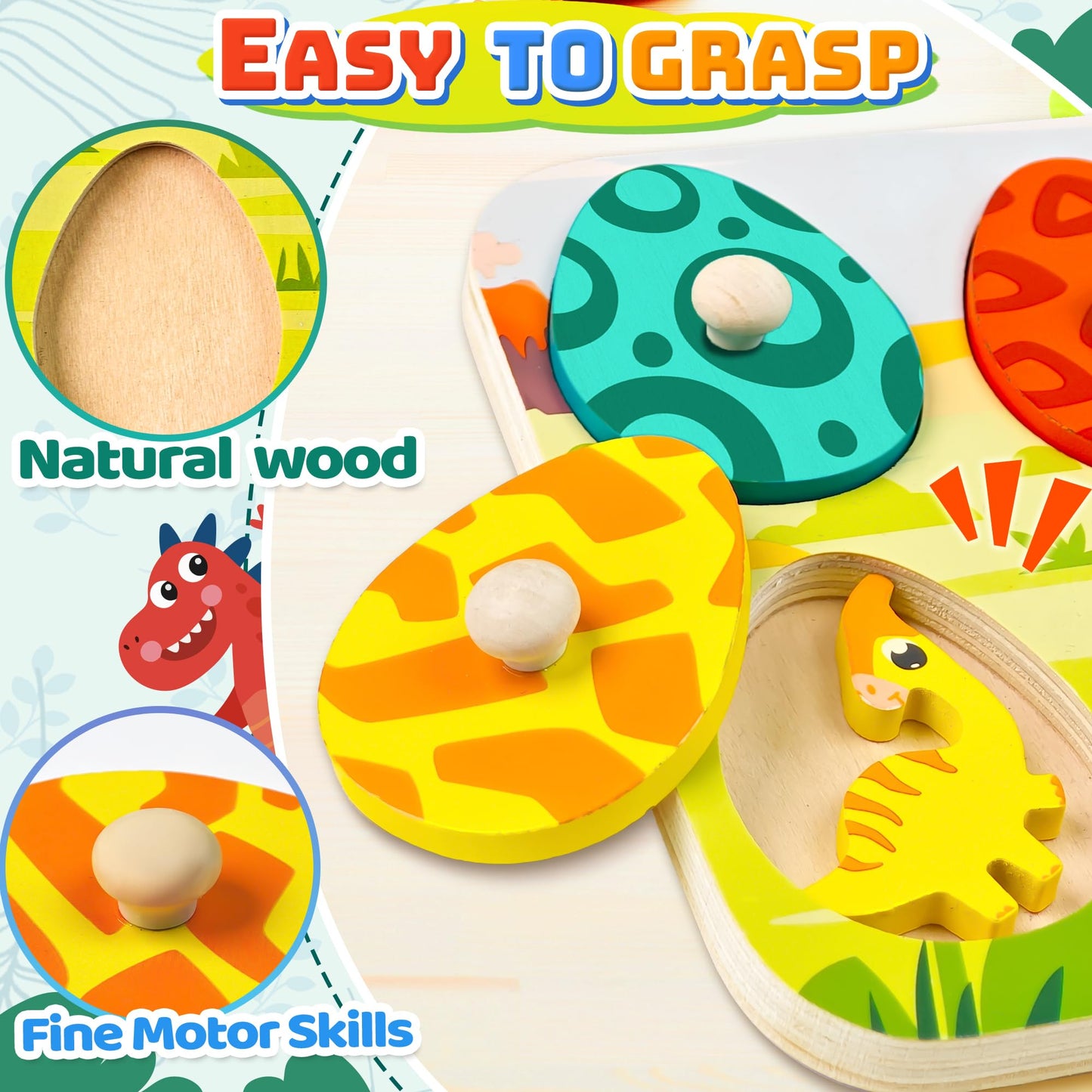 CHESLICR Dinosaur Wooden Puzzle for Toddlers – Color Matching, Peg Puzzle & Montessori Toy