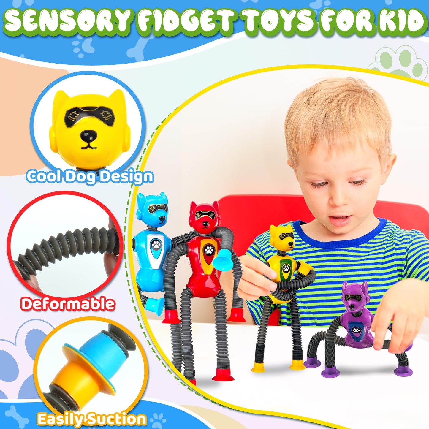 CHESLICR Robot Dog Pop Tubes — Travel Sensory Toys for Kids 3-8 (ADHD & Autism Friendly)