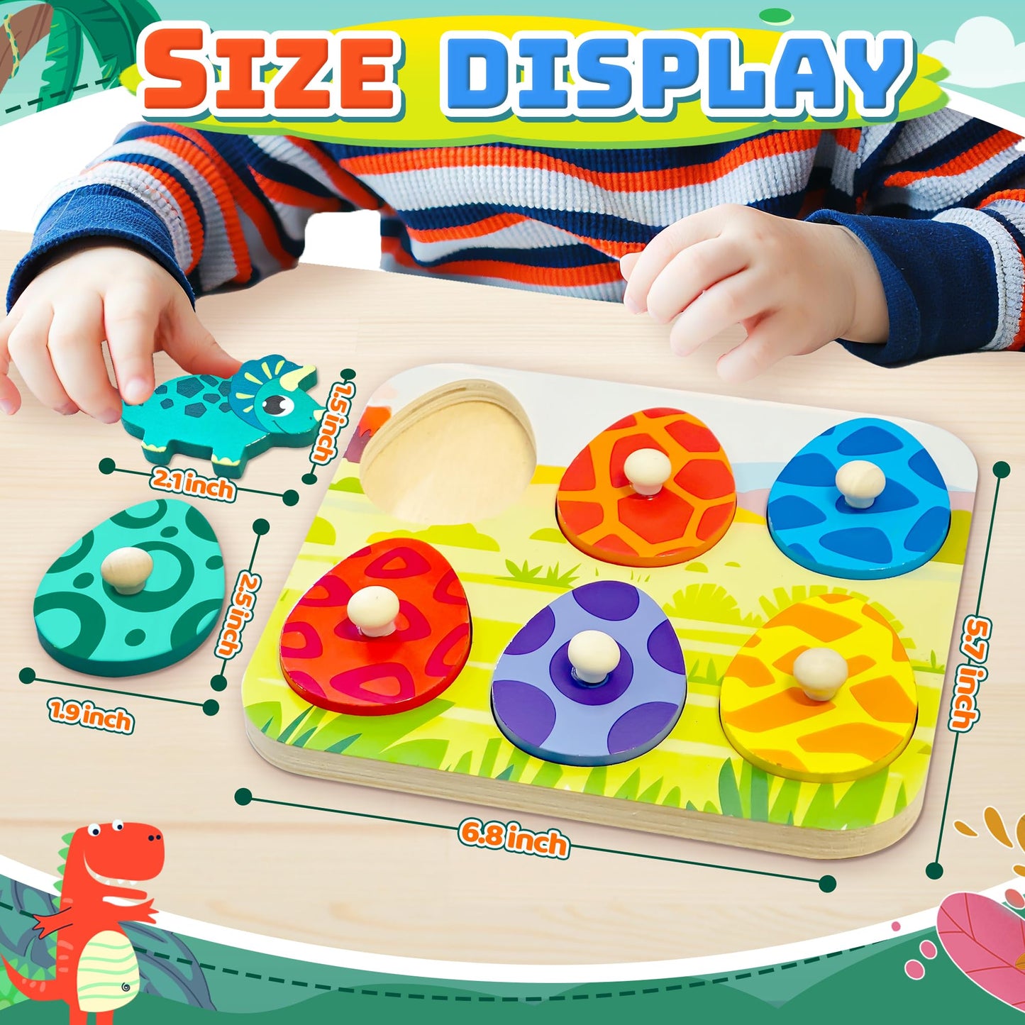 CHESLICR Dinosaur Wooden Puzzle for Toddlers – Color Matching, Peg Puzzle & Montessori Toy