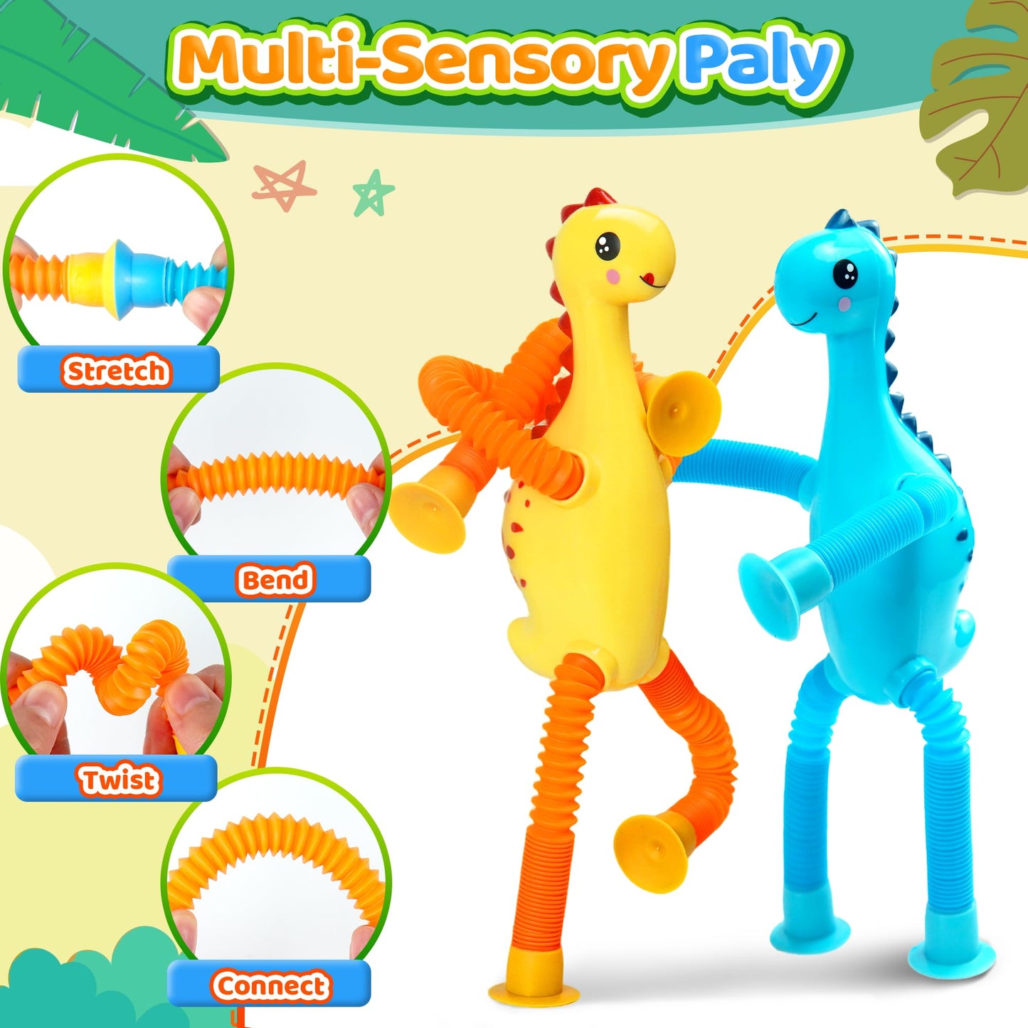 CHESLICR 4Pcs Dinosaur Travel Toys for Toddlers – Sensory Suction Cup Dino Activities