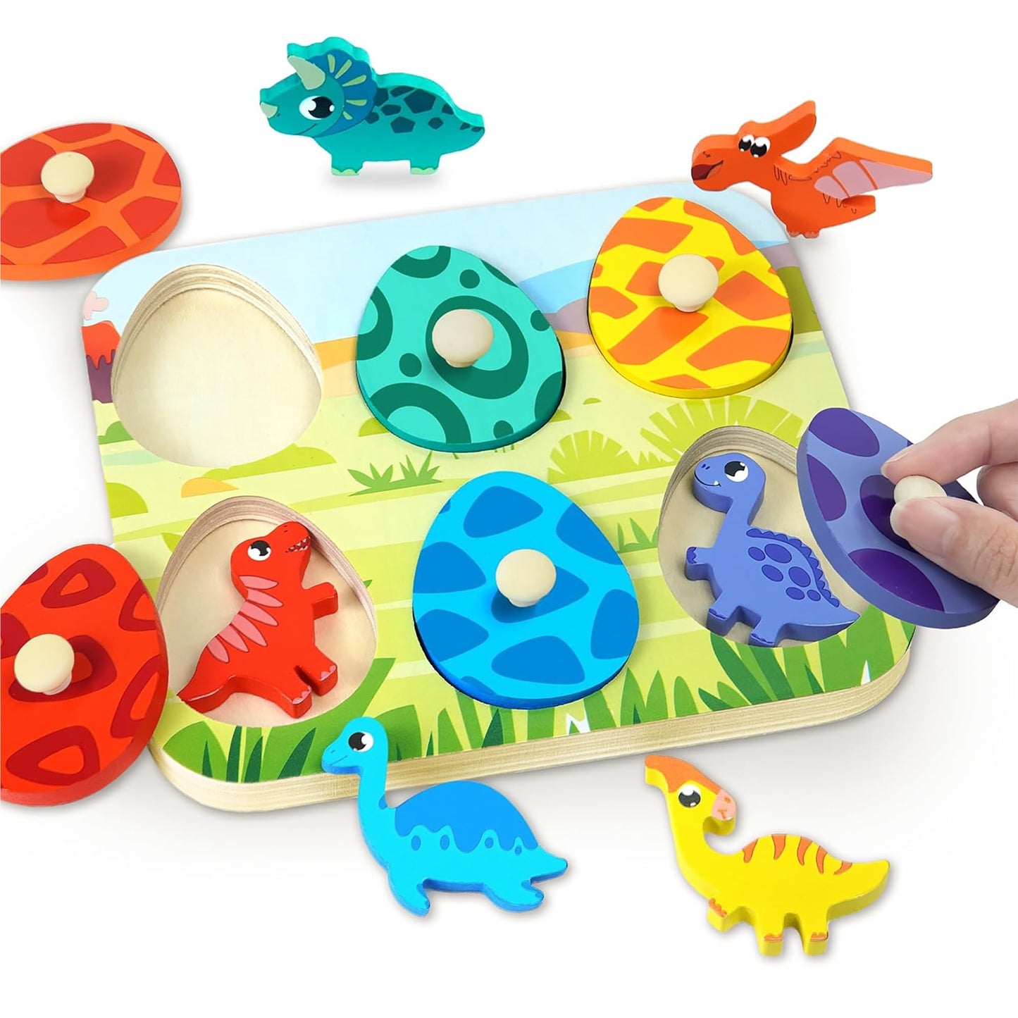 CHESLICR Dinosaur Wooden Puzzle for Toddlers – Color Matching, Peg Puzzle & Montessori Toy