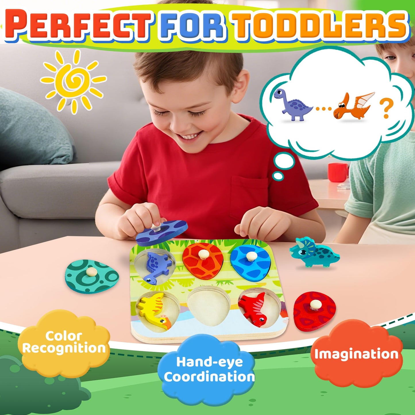 CHESLICR Dinosaur Wooden Puzzle for Toddlers – Color Matching, Peg Puzzle & Montessori Toy