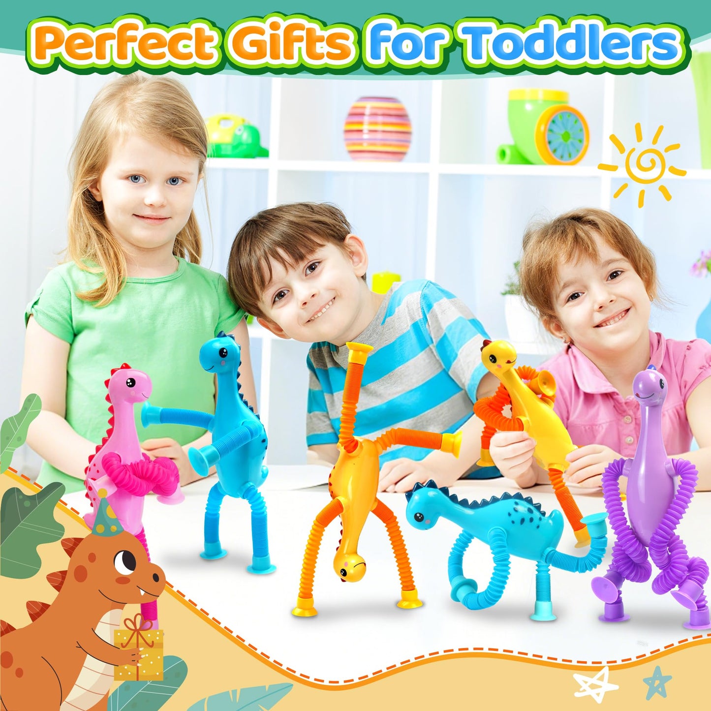CHESLICR 4Pcs Dinosaur Travel Toys for Toddlers – Sensory Suction Cup Dino Activities