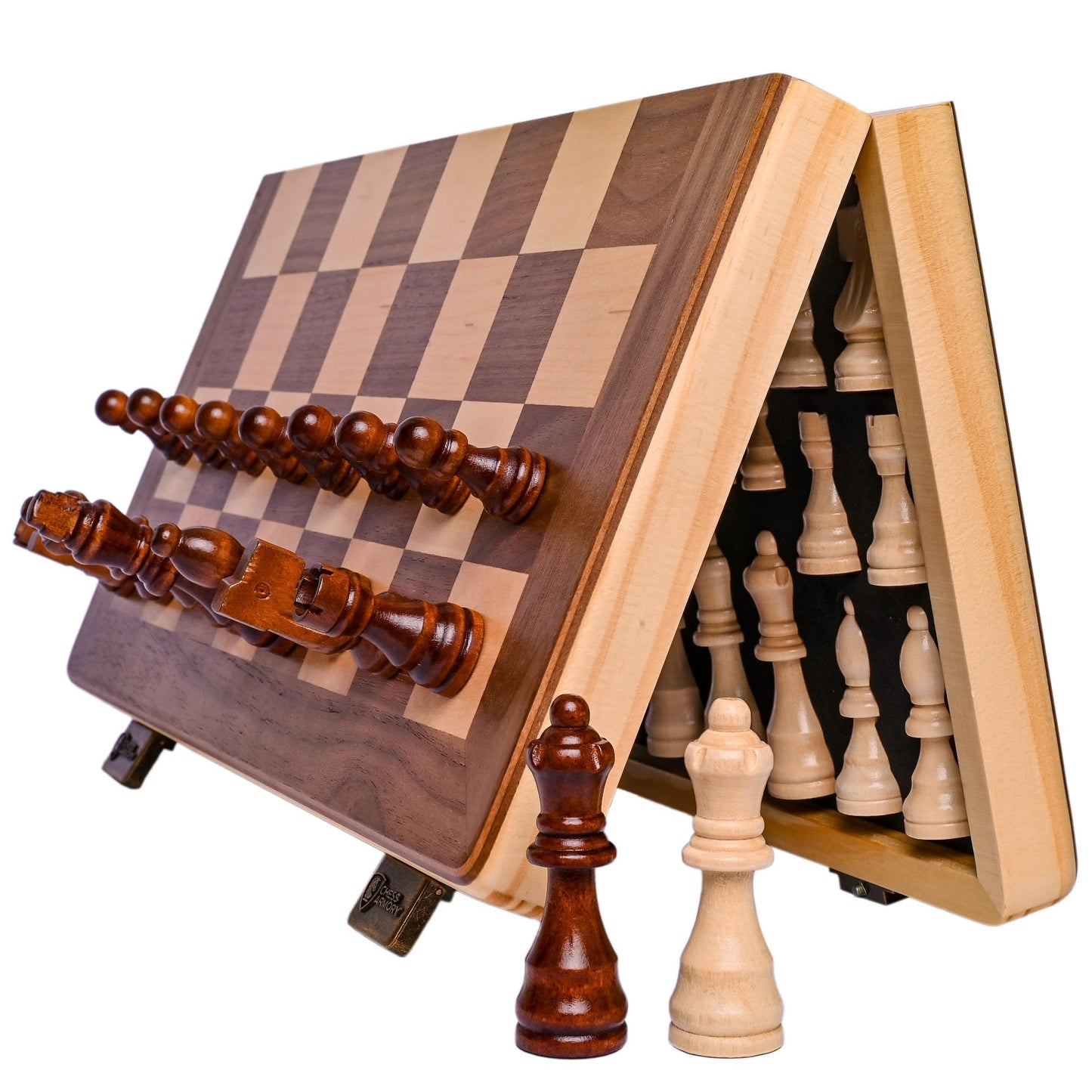 Chess Armory 15-Inch Magnetic Wooden Chess Set – Folding Travel Board with Staunton Pieces & Extra Queens