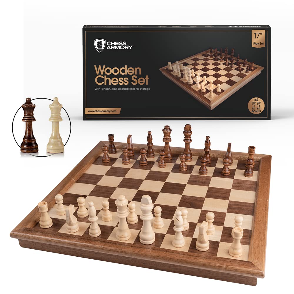 Chess Armory Wooden Chess Set – 17-Inch Walnut Board + Extra Queens