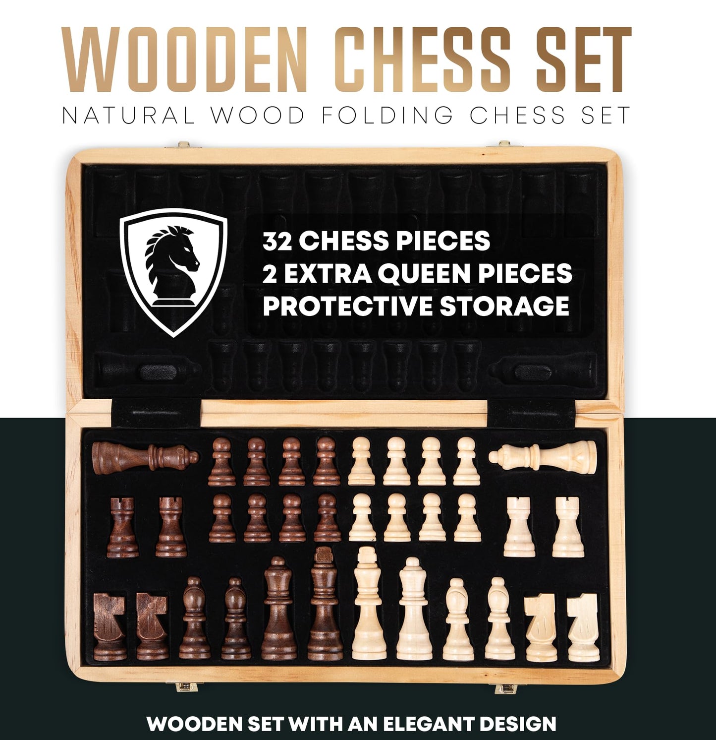 Chess Armory Wooden Chess Set 15 Inch – Handcrafted Walnut Board, Extra Queen Pieces, Travel-Ready Storage