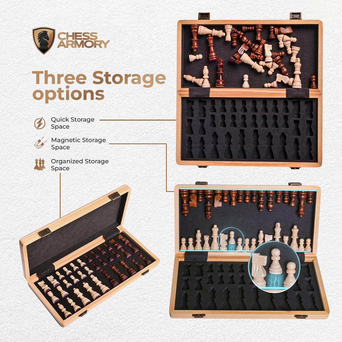 Chess Armory 15-Inch Magnetic Wooden Chess Set – Folding Travel Board with Staunton Pieces & Extra Queens