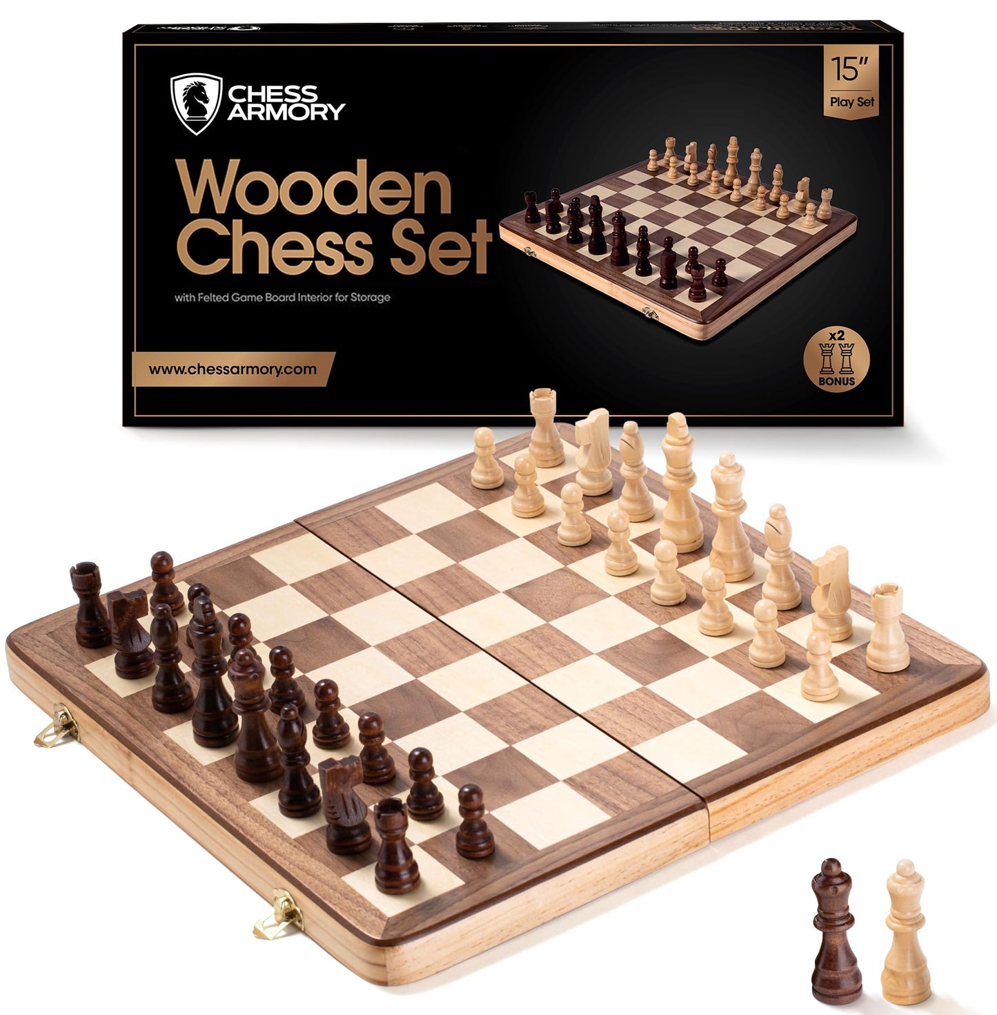 Chess Armory Wooden Chess Set 15 Inch – Handcrafted Walnut Board, Extra Queen Pieces, Travel-Ready Storage