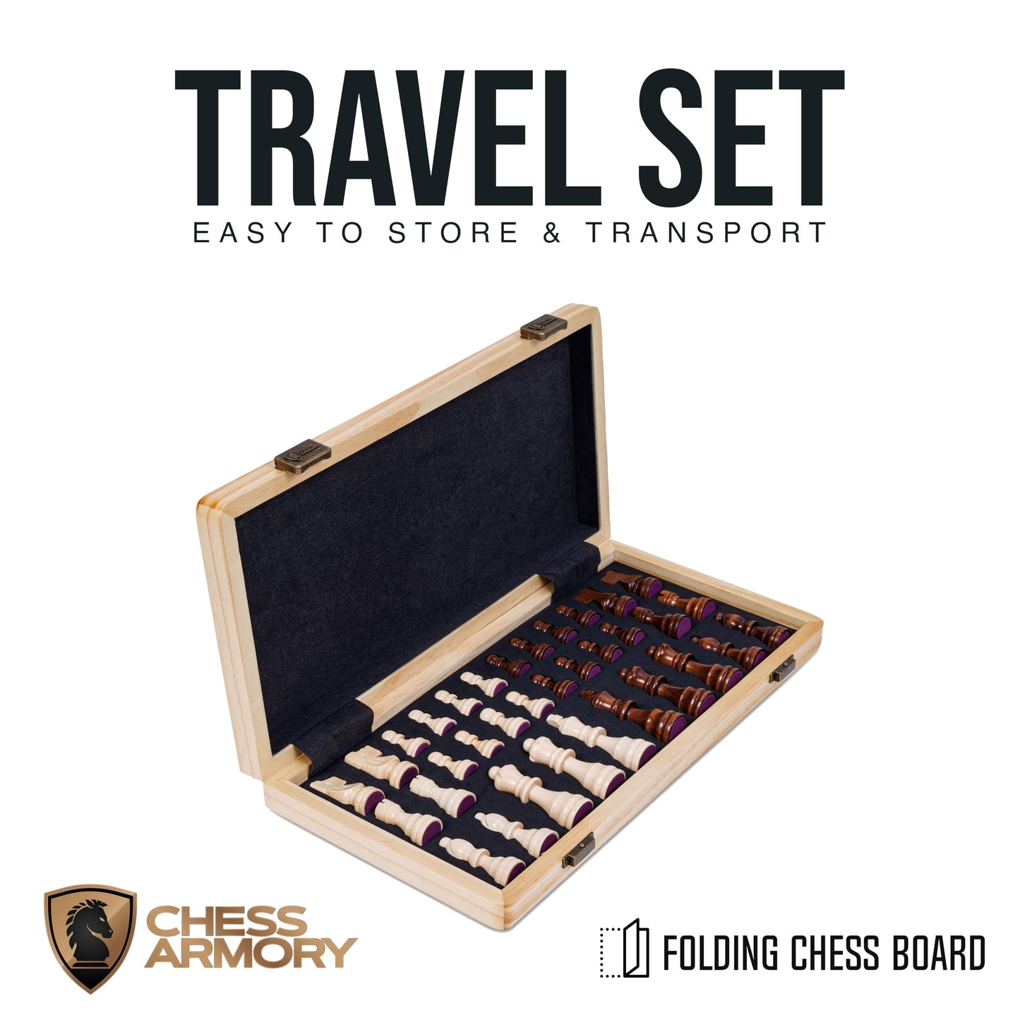 Chess Armory 15-Inch Magnetic Wooden Chess Set – Folding Travel Board with Staunton Pieces & Extra Queens