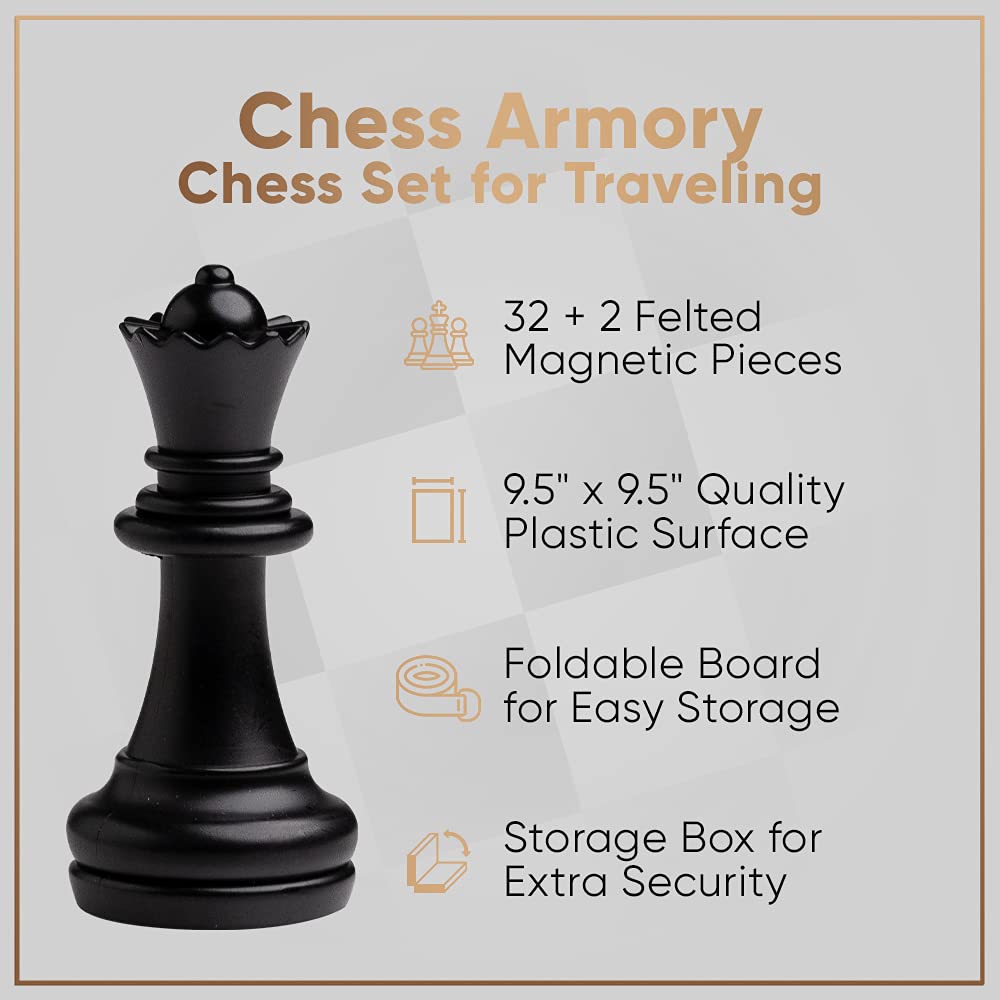Chess Armory Magnetic 9.5-Inch Travel Chess Set – Foldable Board, Storage Box & 2 Extra Queens