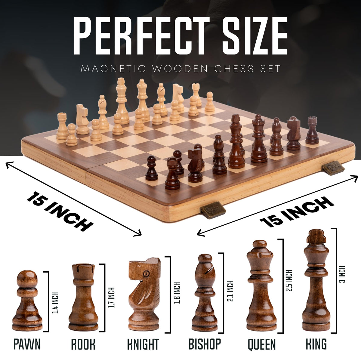 Chess Armory 15-Inch Magnetic Wooden Chess Set – Folding Travel Board with Staunton Pieces & Extra Queens