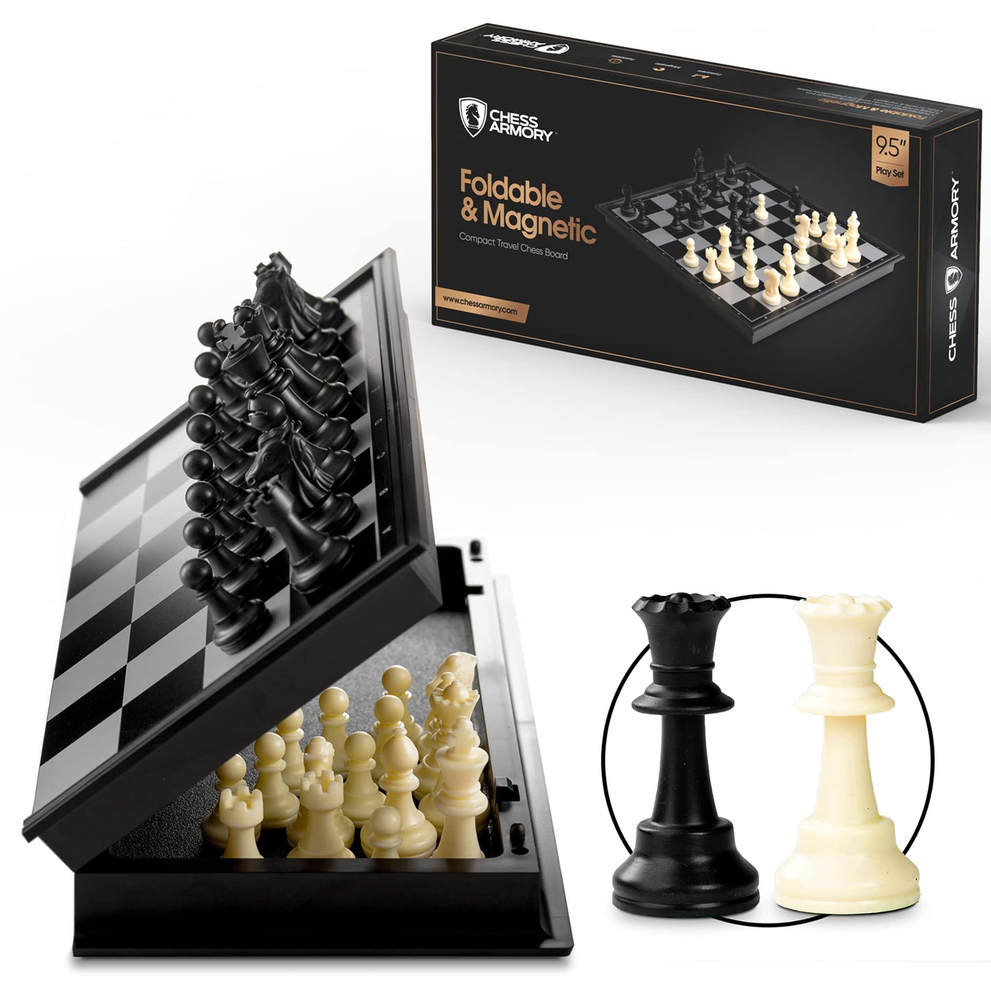 Chess Armory Magnetic 9.5-Inch Travel Chess Set – Foldable Board, Storage Box & 2 Extra Queens