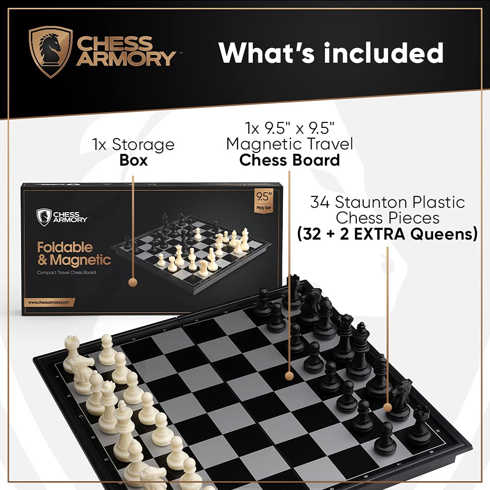 Chess Armory Magnetic 9.5-Inch Travel Chess Set – Foldable Board, Storage Box & 2 Extra Queens