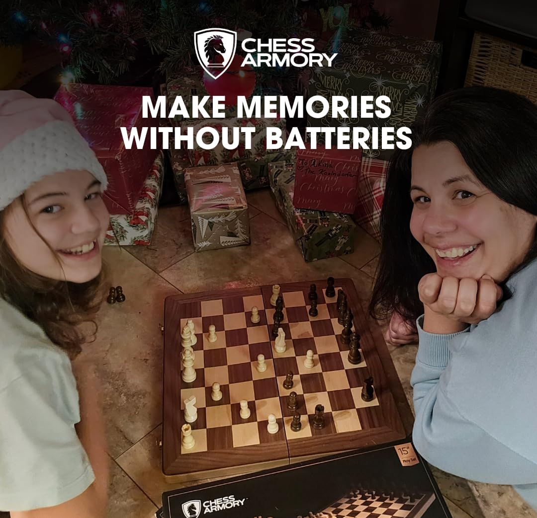 Chess Armory Wooden Chess Set 15 Inch – Handcrafted Walnut Board, Extra Queen Pieces, Travel-Ready Storage