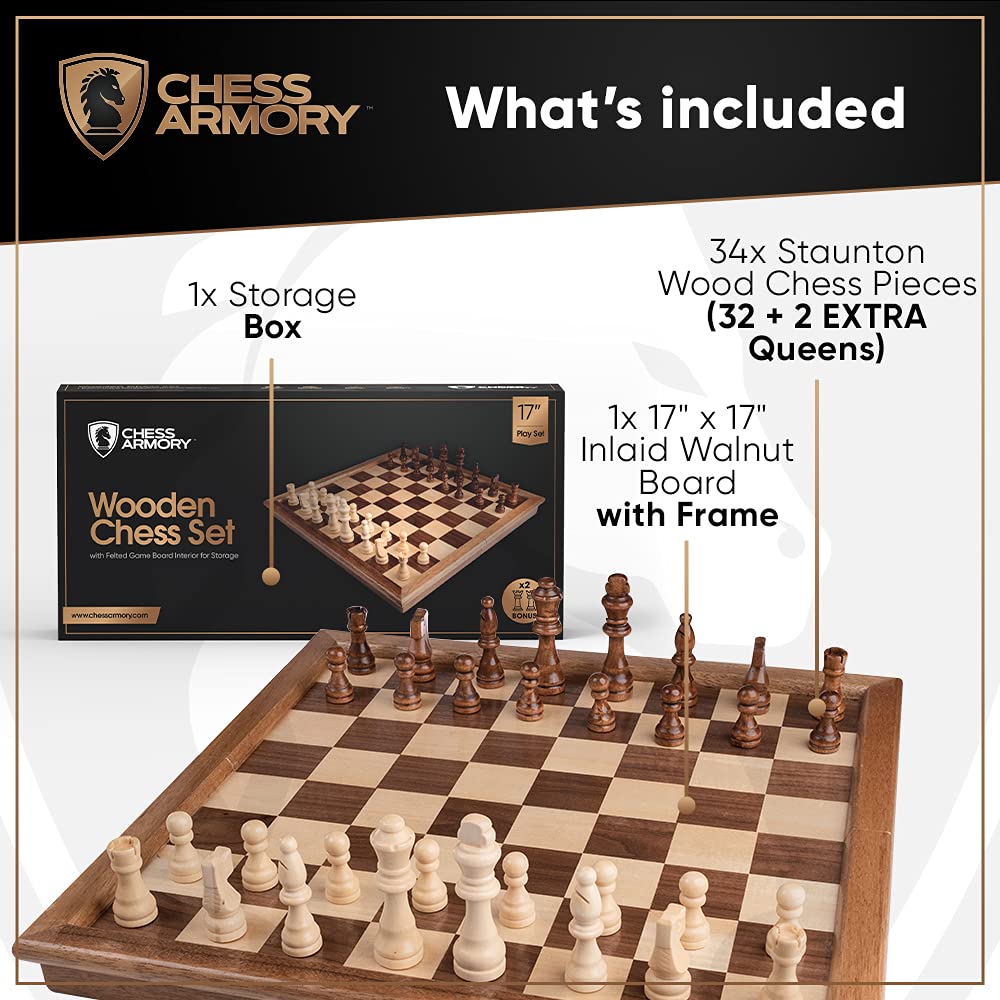 Chess Armory Wooden Chess Set – 17-Inch Walnut Board + Extra Queens