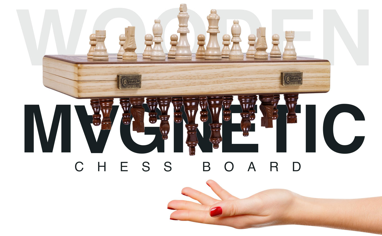 Chess Armory 15-Inch Magnetic Wooden Chess Set – Folding Travel Board with Staunton Pieces & Extra Queens