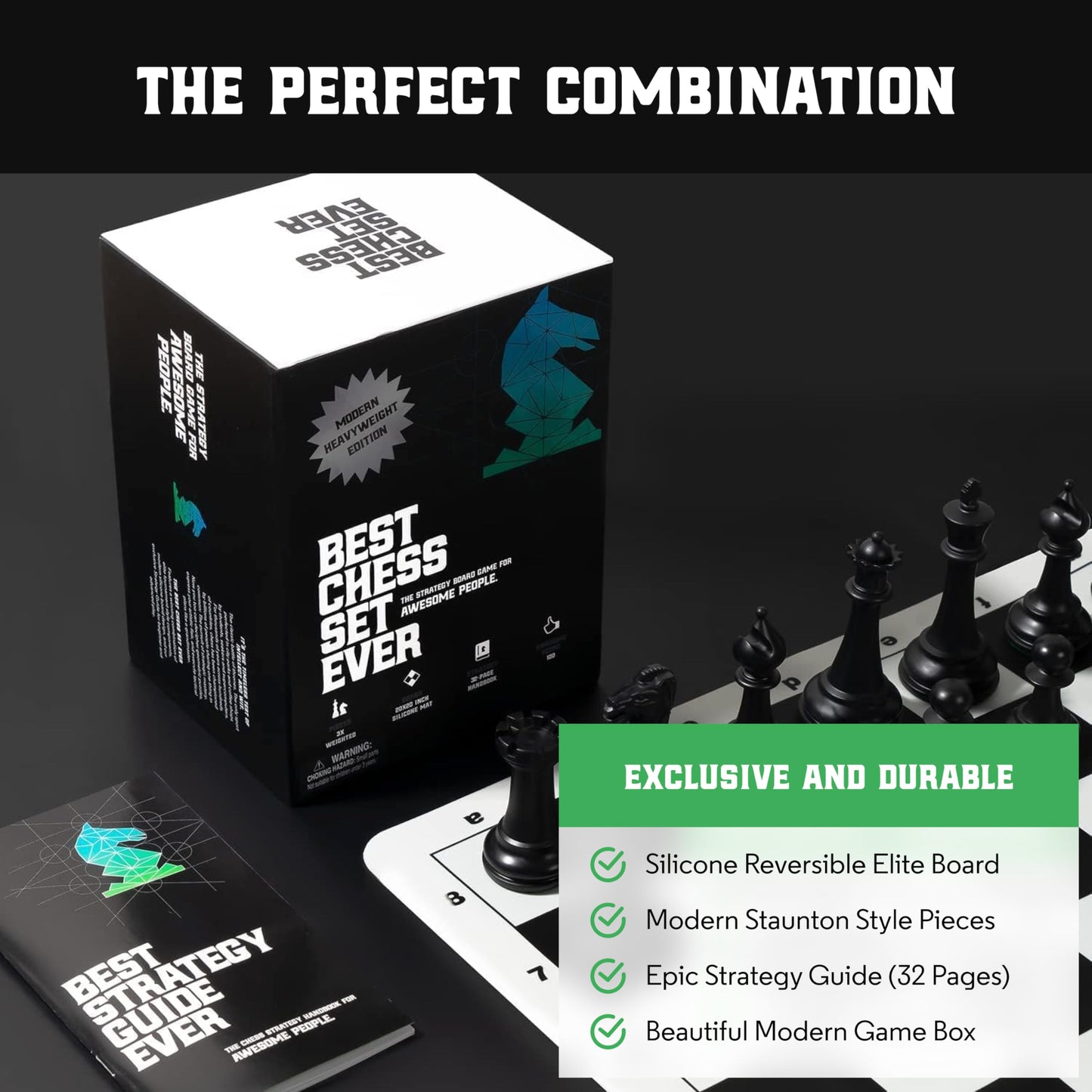 Chess Geeks Best Chess Set Ever - 3X Triple-Weighted Tournament Set, 4-inch King, 20x20 Roll-Up Board