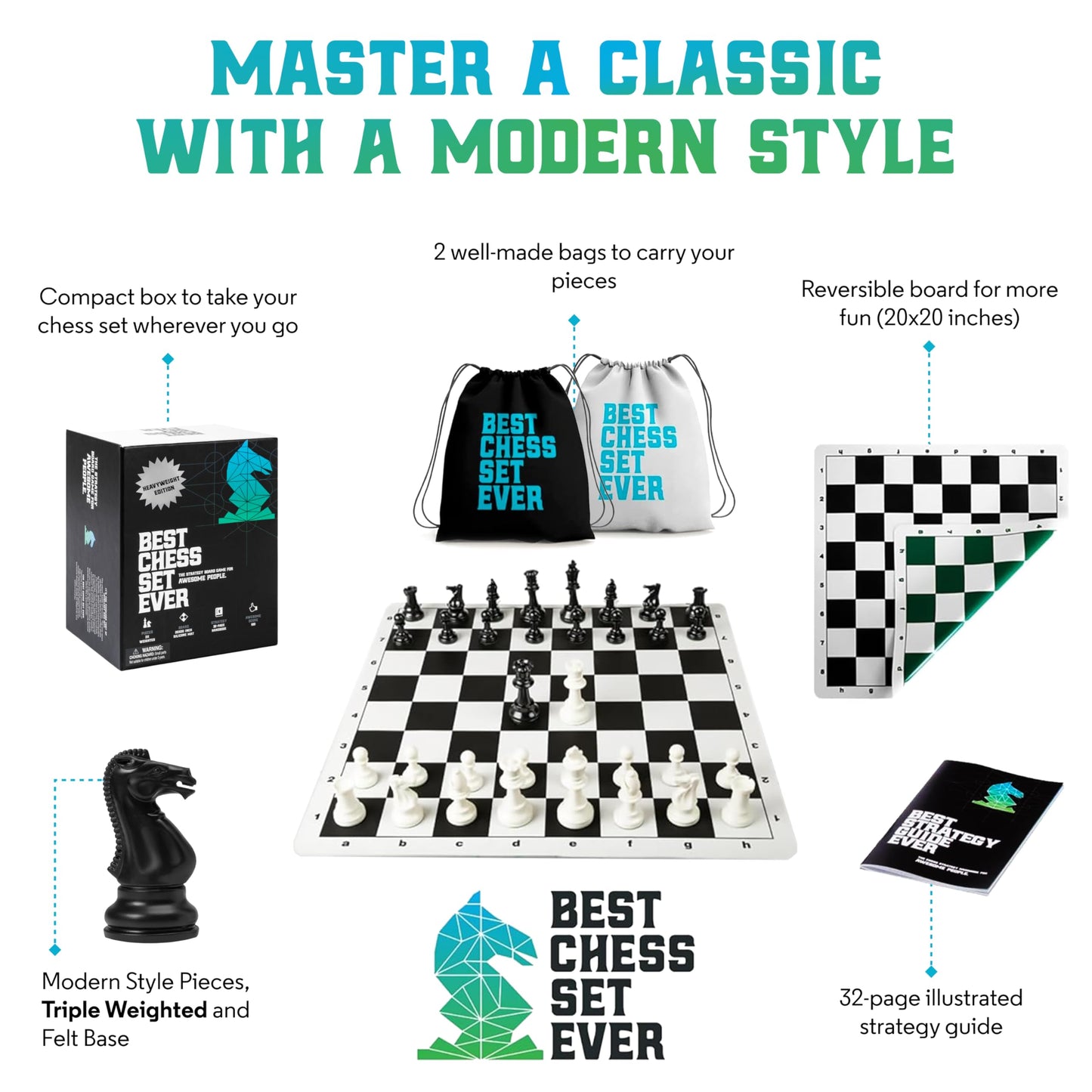 Chess Geeks Best Chess Set Ever - 3X Triple-Weighted Tournament Set, 4-inch King, 20x20 Roll-Up Board