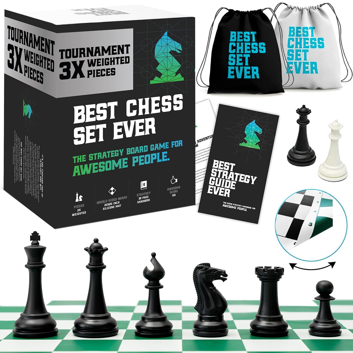Chess Geeks Best Chess Set Ever - 3X Triple-Weighted Tournament Set, 4-inch King, 20x20 Roll-Up Board