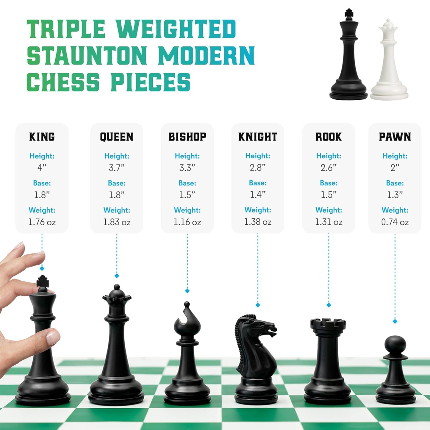 Chess Geeks Best Chess Set Ever - 3X Triple-Weighted Tournament Set, 4-inch King, 20x20 Roll-Up Board