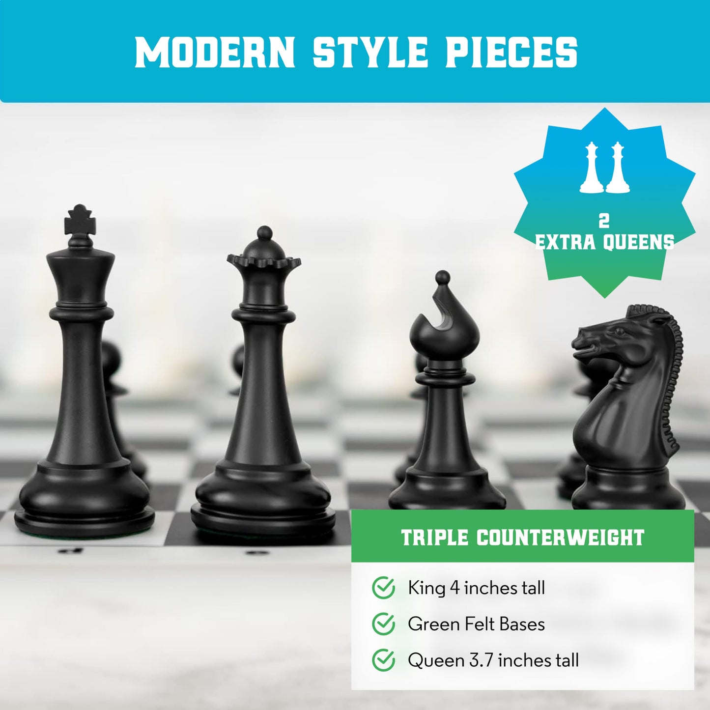 Chess Geeks Best Chess Set Ever - 3X Triple-Weighted Tournament Set, 4-inch King, 20x20 Roll-Up Board