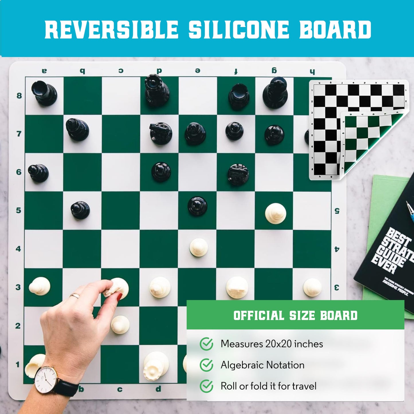 Chess Geeks Best Chess Set Ever - 3X Triple-Weighted Tournament Set, 4-inch King, 20x20 Roll-Up Board