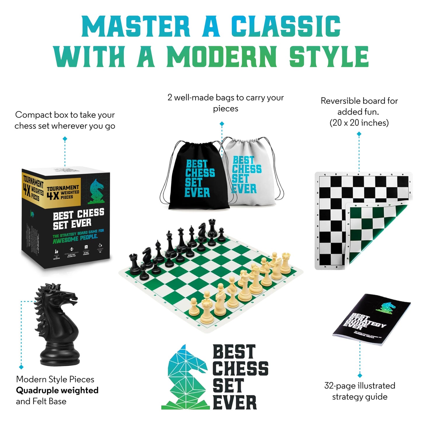 Chess Geeks: Best Chess Set Ever – Quadruple Weighted Tournament Set + Foldable Silicone Board