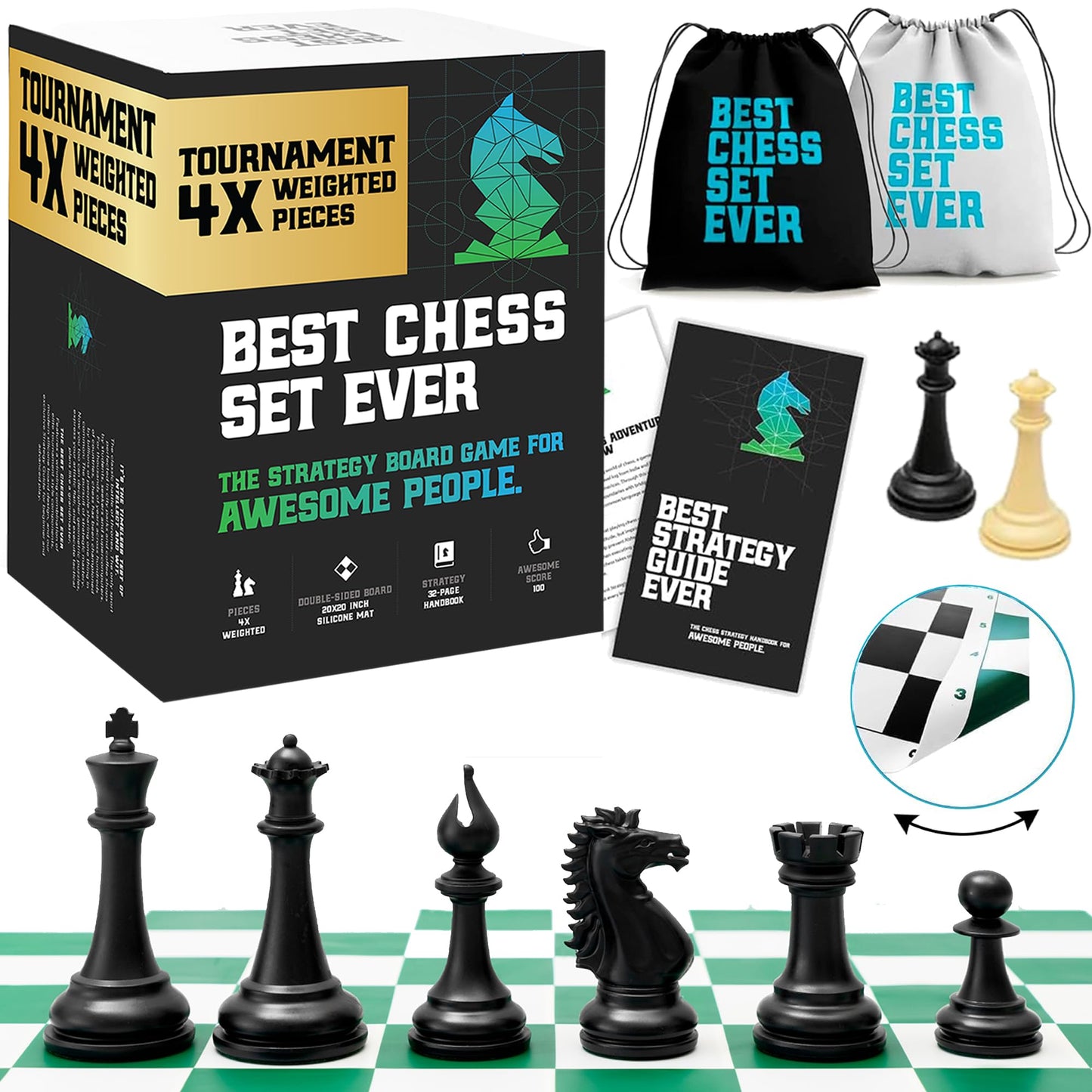 Chess Geeks: Best Chess Set Ever – Quadruple Weighted Tournament Set + Foldable Silicone Board