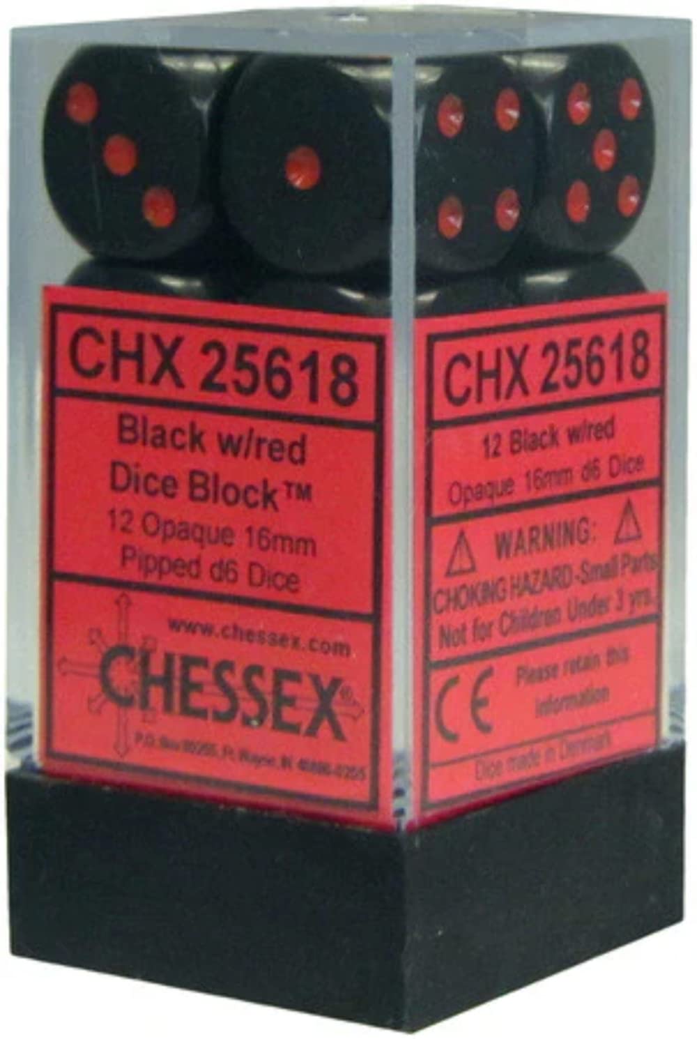 Chessex DND Dice Set – 16mm Opaque Black & Red, 12 D6 Dice (CHX25618)