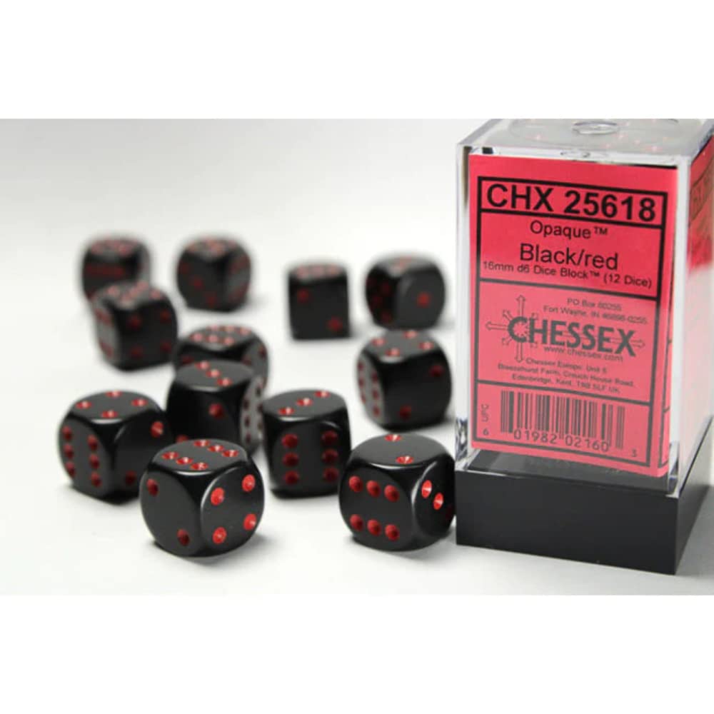 Chessex DND Dice Set – 16mm Opaque Black & Red, 12 D6 Dice (CHX25618)