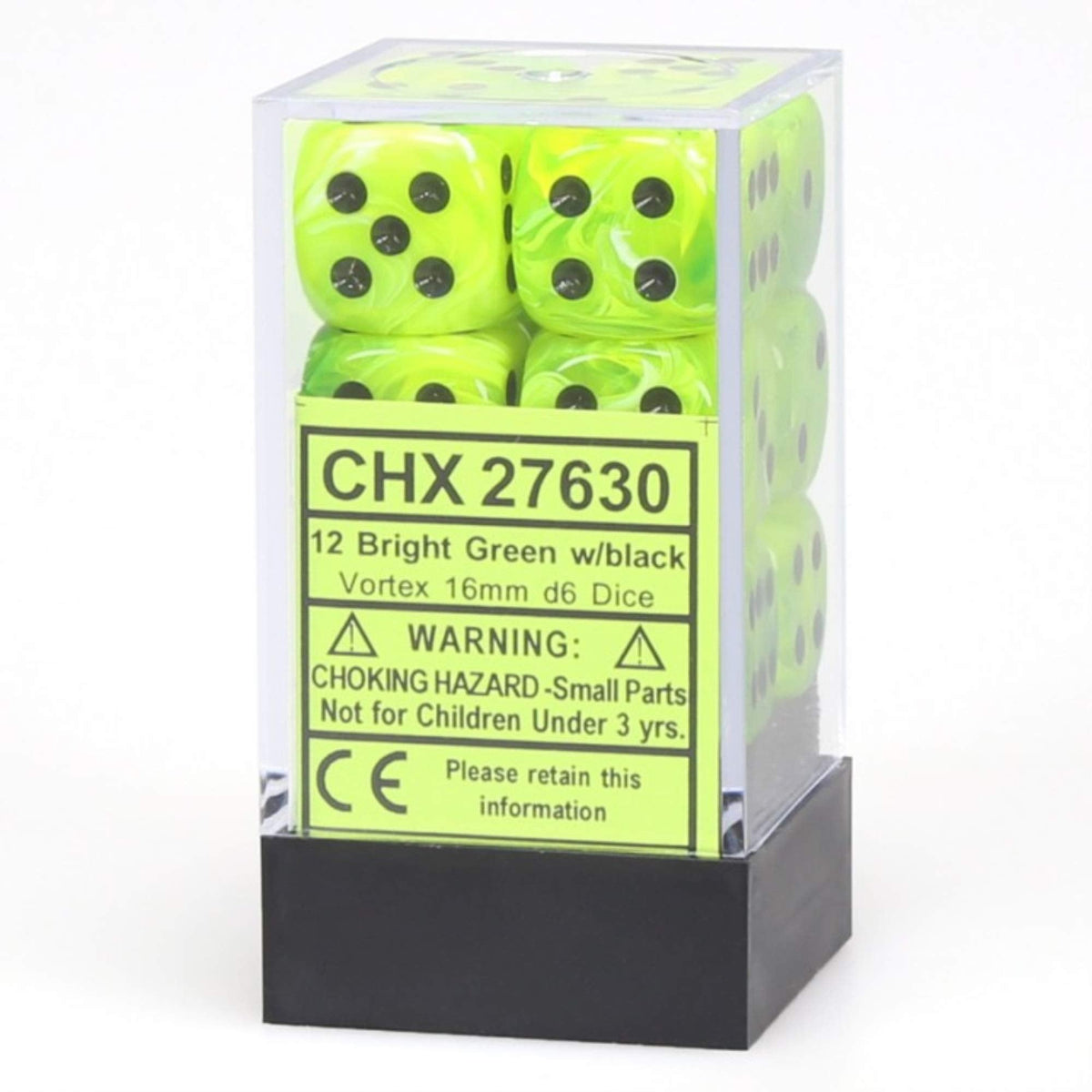 Chessex DND Dice Set - 16mm Vortex Bight Green & Black D&D Dice - 12 D6 Polyhedral Set (CHX27630)