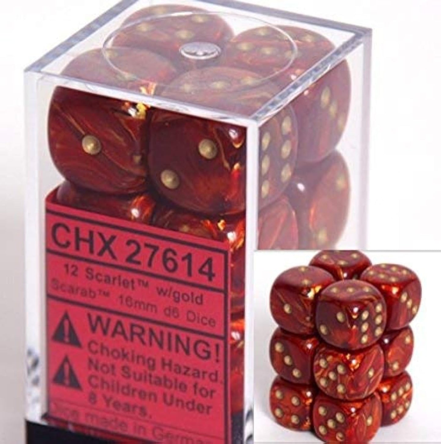 Chessex Scarab Scarlet with Gold 16mm D6 Dice Set (12) – Red Dice Block
