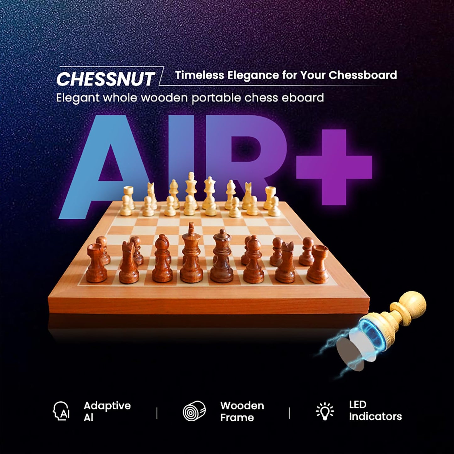 Chessnut Air+ Electronic Chess Set – LED Board, AI Training, Extra Queens
