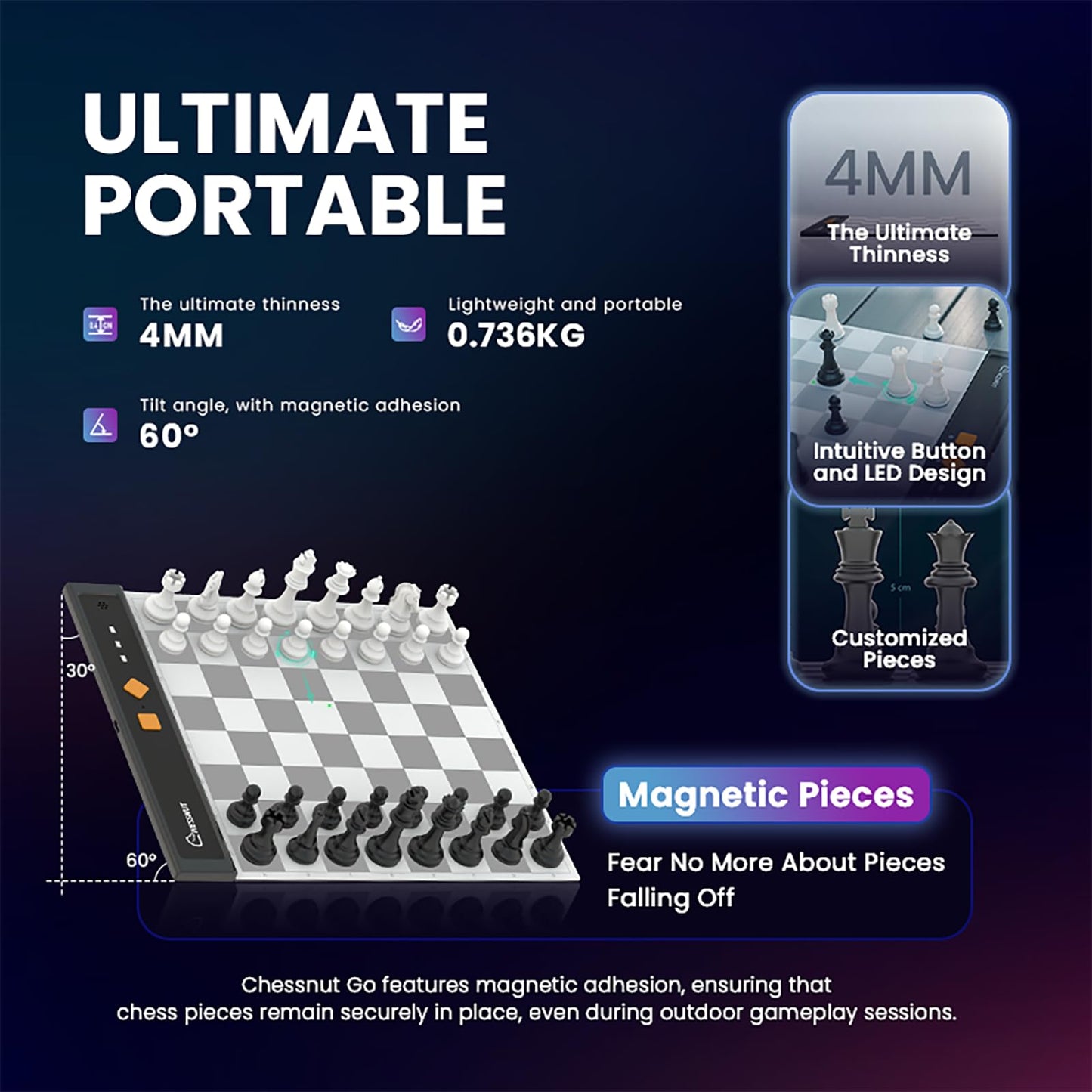 Chessnut Go Ultimate Portable Travel Chessboard with Full Piece Recognition & Magnetic Adhesion (Grey)