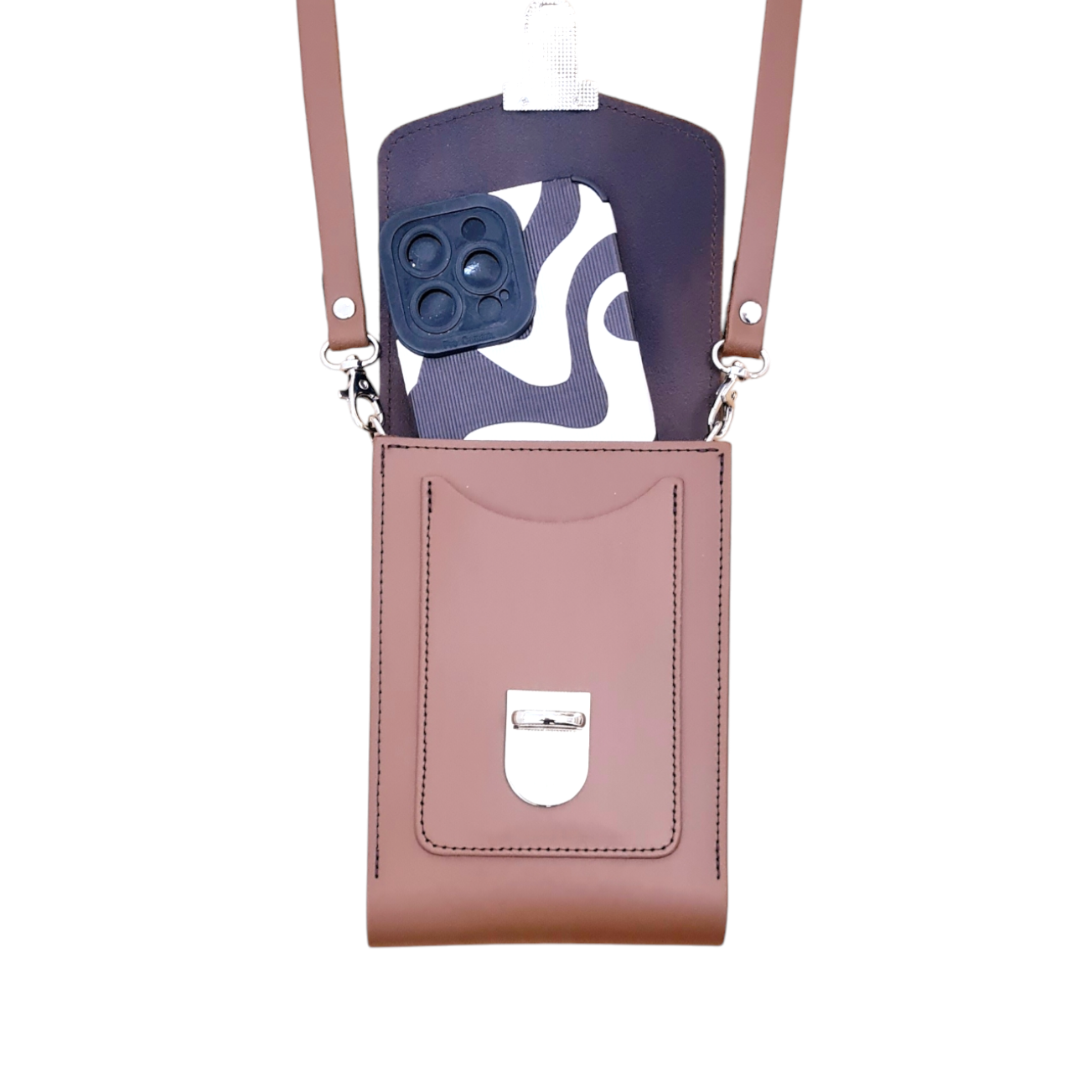 Leather Push Lock Crossbody Phone Case - Chestnut