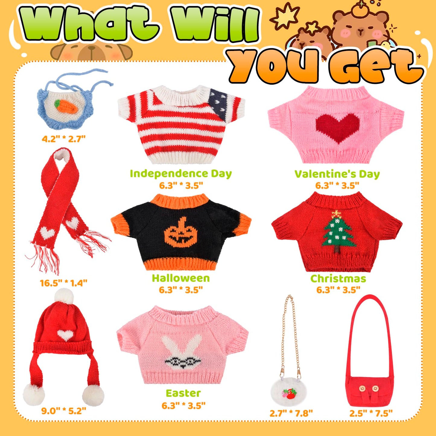ChezMax Capybara Plush Toy Clothes & Accessories – 9-Piece Festive Dress-Up Set for 10-Inch Plush
