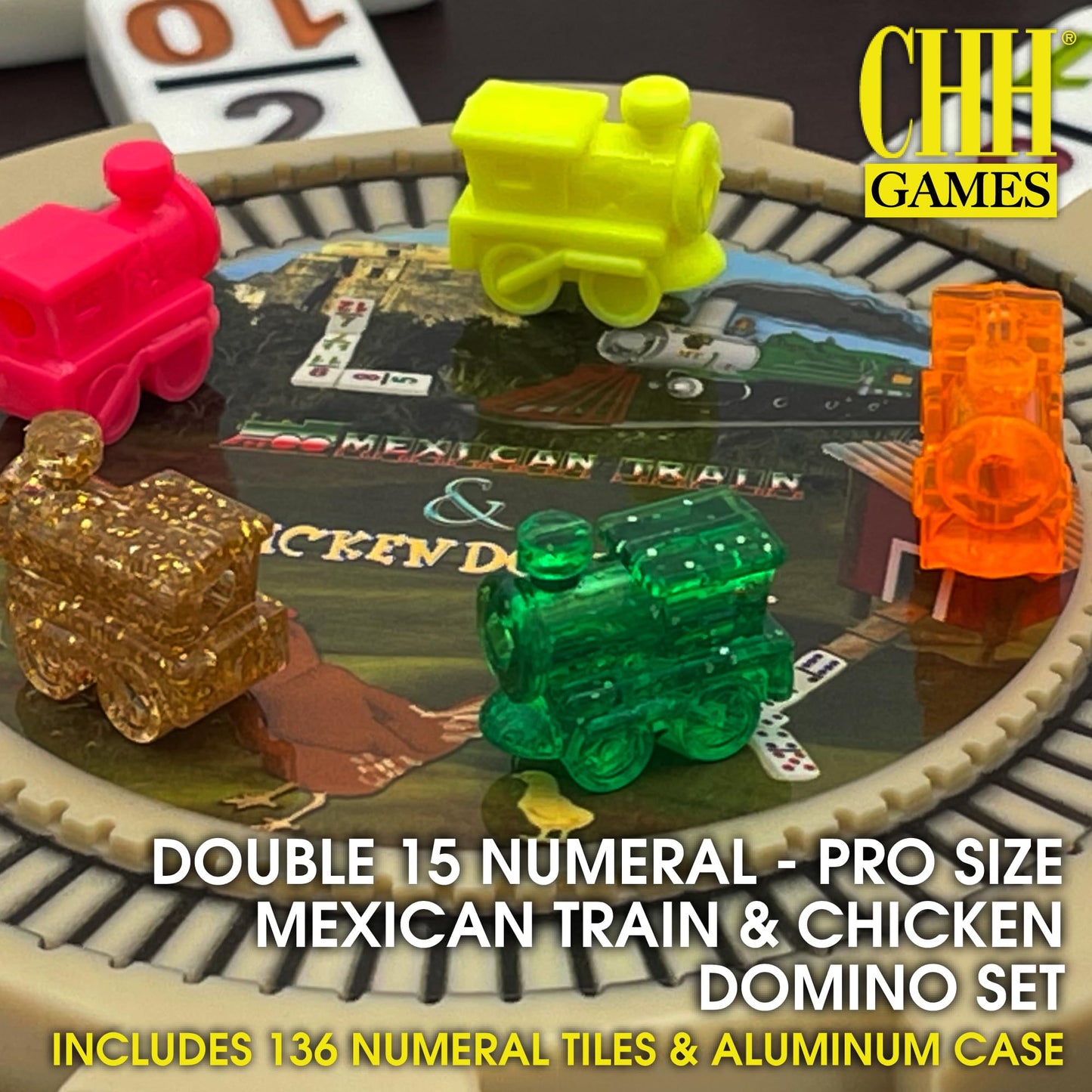 CHH Double 15 Numeral Pro Size Mexican Train & Chicken Domino Set – Aluminum Case, 136 Multicolor Tiles